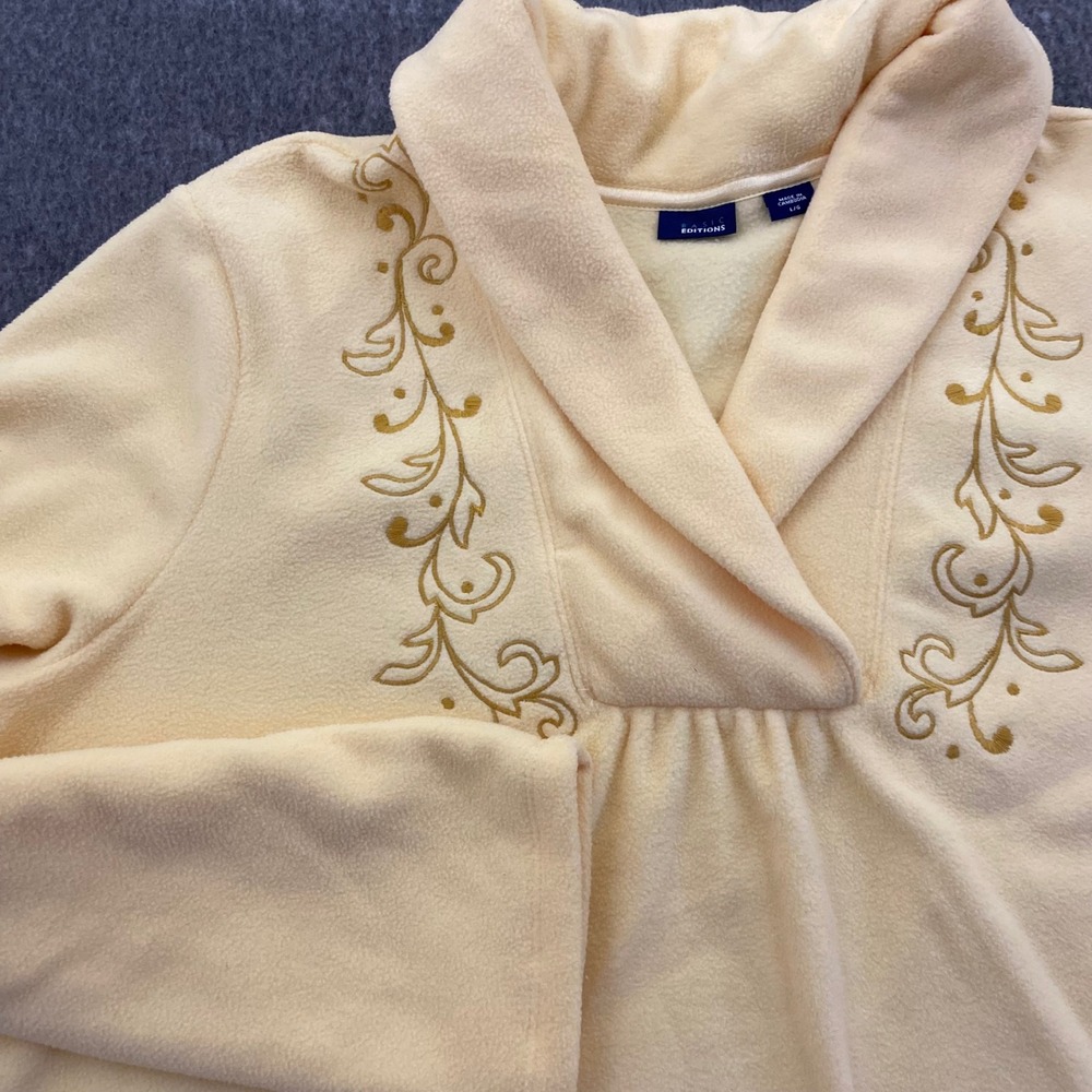 Basic‎ Editions Womens Fleece Pullover Top Yellow Gold Floral Embroidery Large